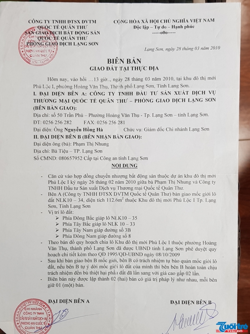 Cty TNHH ĐTXD-DVTMQT Quân Thư đã bàn giao thực địa lô đất LNK 10 - 34 cho gia đình ông Chính sau khi gia đình ông nộp tiền theo đúng điều khoản trong hợp đồng