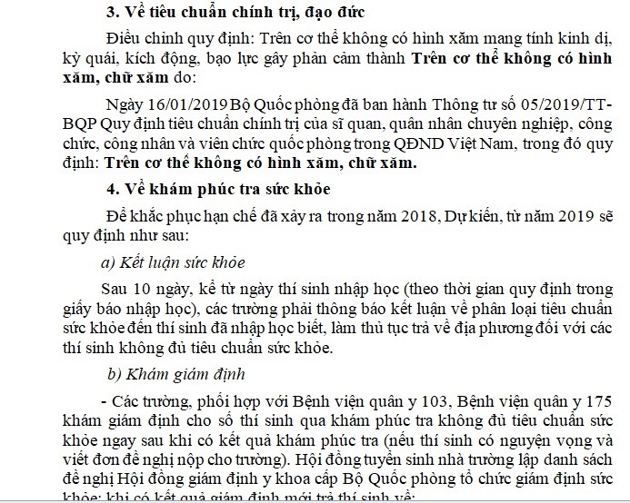 Điều chỉnh về tiêu chuẩn, đạo đức của những thí sinh xét tuyển vào trường quân đội.