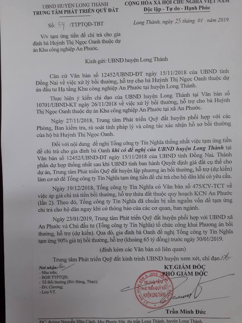 Văn bản của Trung tâm Phát triển quỹ đất gửi UBND huyện Long Thành xin ý kiến chỉ đạo, giải quyết về việc tạm ứng tiền cho bà Oanh