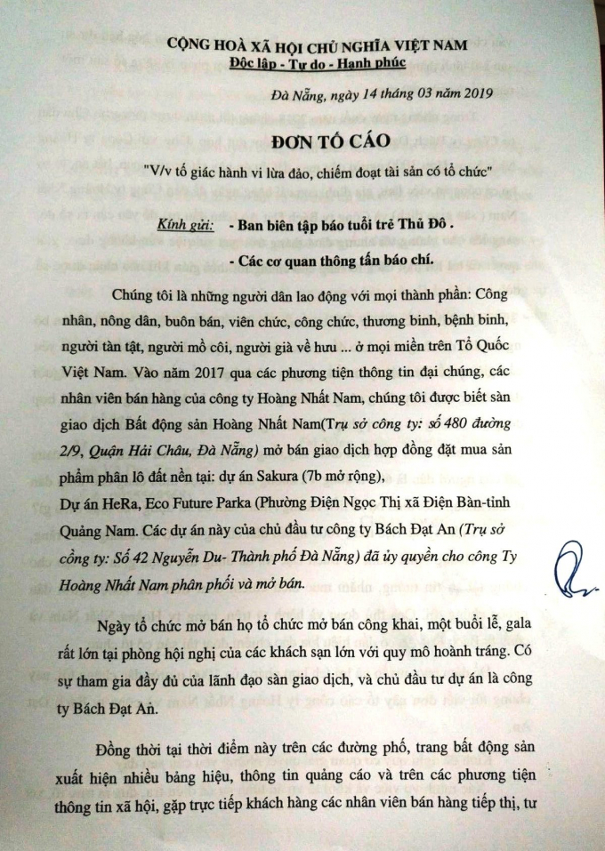 Đơn tố cáo gửi Báo TTTĐ của ông Nguyễn Quang Sơn đại diện cho 1000 người dân mua đất tại 3 dự án do Công ty Bách Đạt An làm chủ đầu tư.