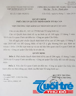 Quyết định Phê chuẩn quyết định khởi tố bị can với đối tượng Đỗ Quang Hiển