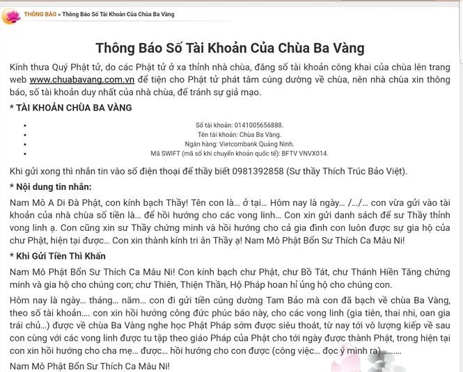 Số tài khoản của chùa Ba Vàng được công bố trước đó.