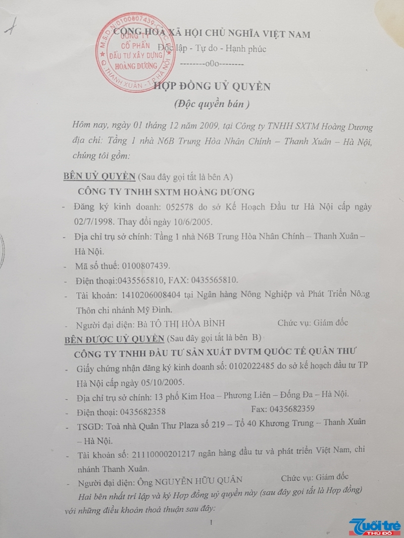 Hợp đồng ủy quyền (độc quyền bán) mà Công ty Hoàng Dương ủy quyền cho Công ty Quân Thư bán đất tại dự án KĐT Phú Lộc I.