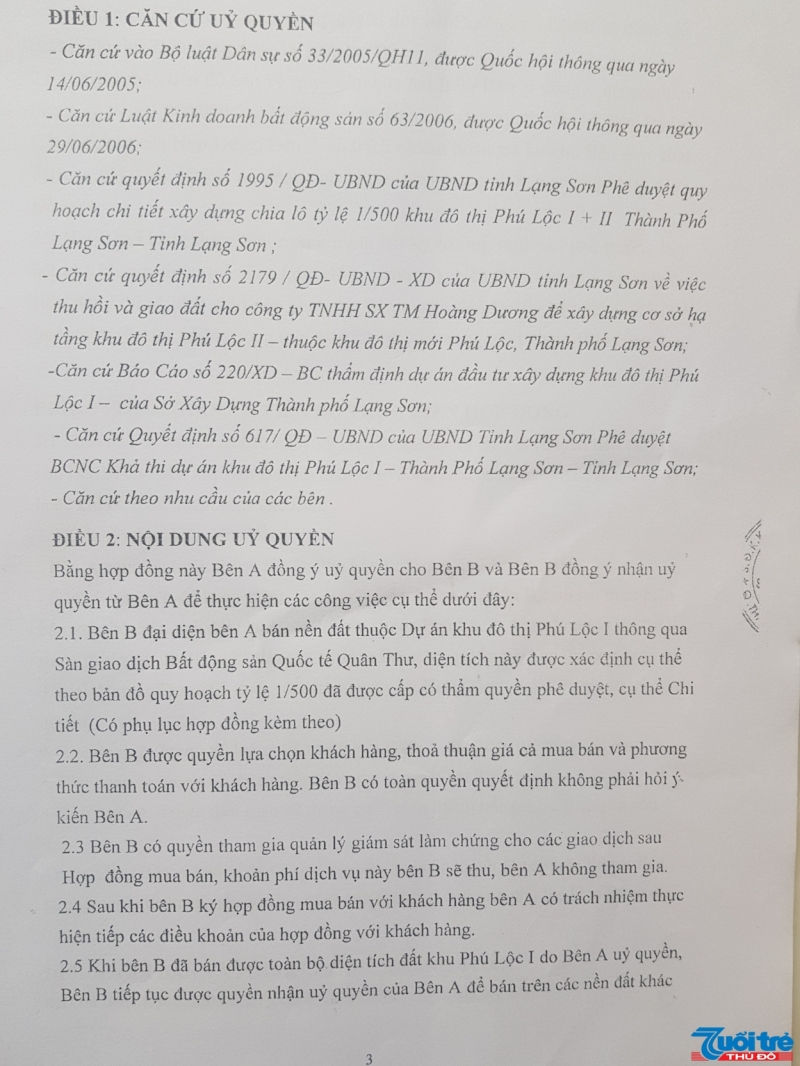Khoản 2.2, Điều 2 nêu rõ Công ty Quân Thư có toàn quyền bán các lô đất tại dự án KĐT Phú Lộc I mà không phải hỏi ý kiến của Công ty Hoàng Dương.