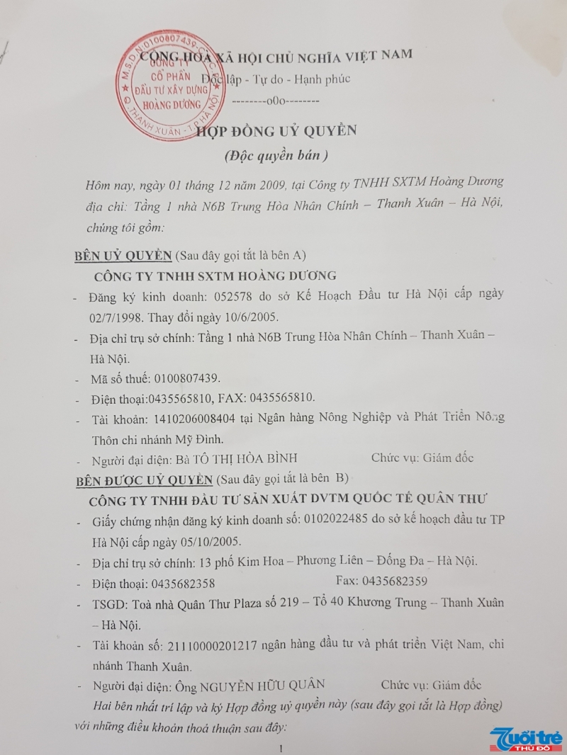 Hợp đồng ủy quyền (độc quyền bán) giữa Công ty Hoàng Dương với Công ty Quân Thư ký năm 2009