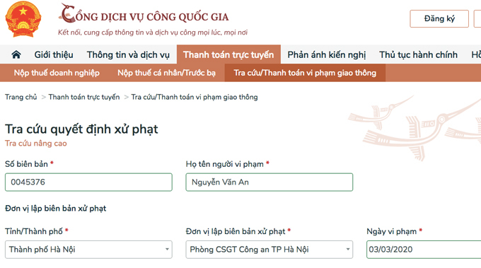 Giao diện Cổng dịch vụ công Quốc gia