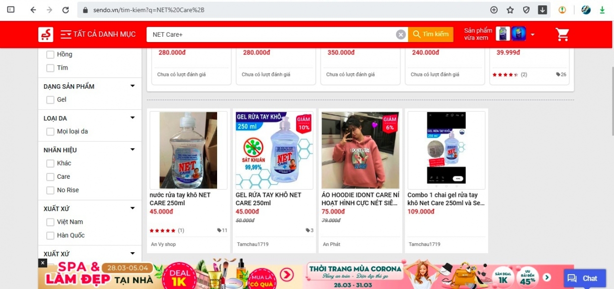 Trên một số website thương mại điện tử như Lazada, Shopee hay Sendo… đang quảng cáo bán sản phẩm NET Care+