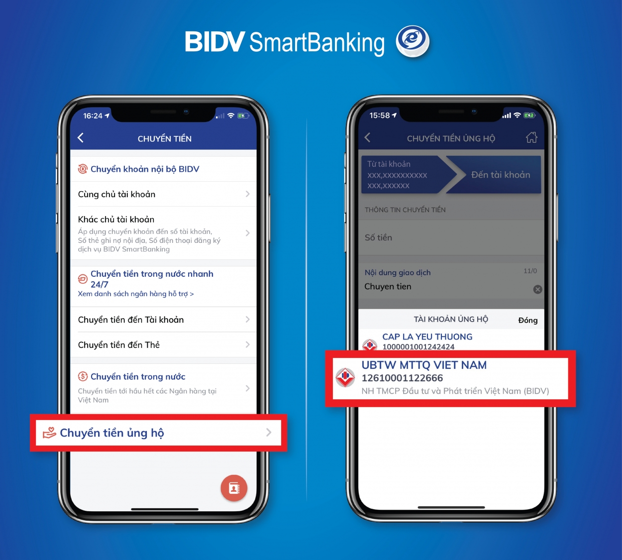 Tài khoản của UBTƯ MTTQ Việt Nam đã được tích hợp sẵn trên ứng dụng BIDV Smartbanking