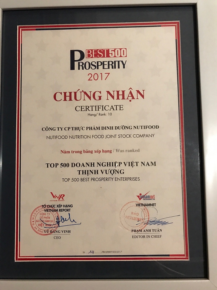 NutiFood đứng trong TOP 10 Doanh nghiệp Việt Nam thịnh vượng 2017