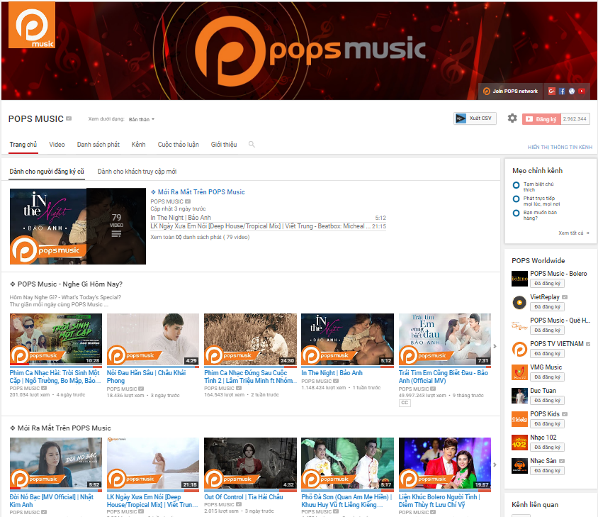 POPS Music là đại diện duy nhất của Việt Nam trong BXH 100 kênh có lượt xem nhiều nhất thế giới