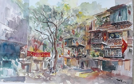 Ngắm nhà tập thể Hà Nội đầy thân thương trong tranh màu nước