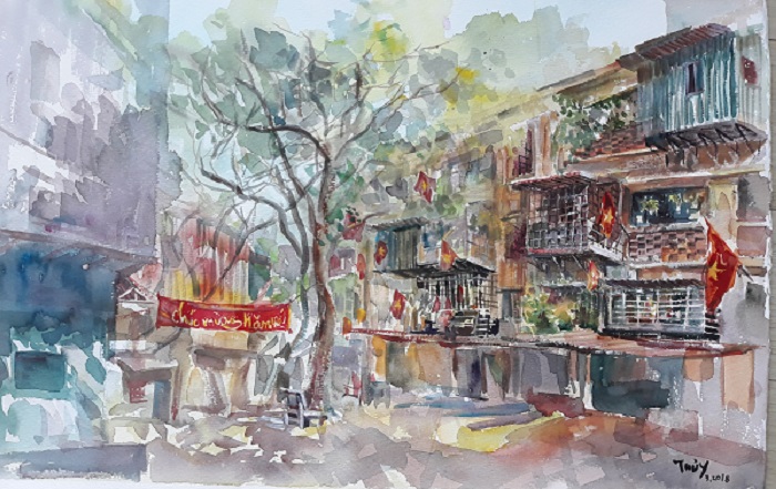 Ngắm nhà tập thể Hà Nội đầy thân thương trong tranh màu nước