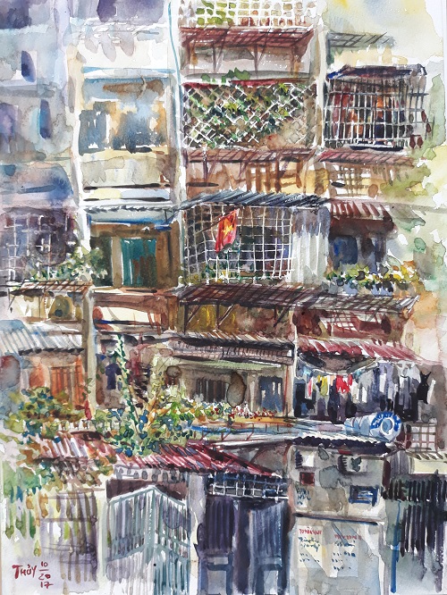 Ngắm nhà tập thể Hà Nội đầy thân thương trong tranh màu nước