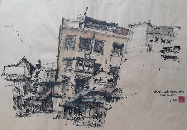 Ngắm nhà tập thể Hà Nội đầy thân thương trong tranh màu nước