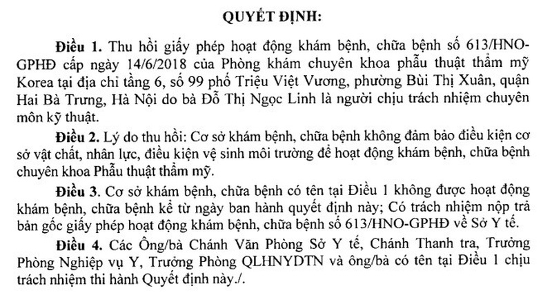 Thu hồi giấy phép hoạt động phòng khám phẫu thuật thẩm mỹ Korea