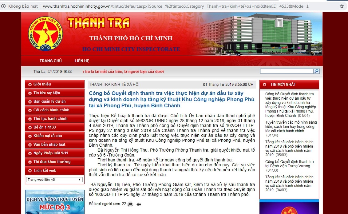 Thông tin công bố Quyết định thanh tra KCN Phong Phú của Thanh tra TP HCM