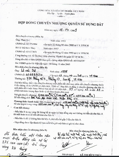 Hợp đồng chuyển nhượng quyền sử dụng đất mà trước đây ông Quý đã bán cho ông Dư