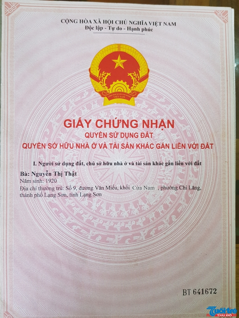 Sổ đỏ mà UBTP Lang Sơn đã cấp cho bà Nguyễn Thị Thật năm 2016