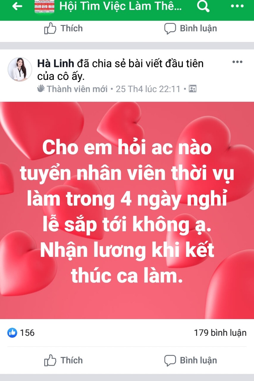 Trên các trang mạng xã hội luôn đầy ắp thông tin sinh viên kiếm việc làm thêm ngày nghỉ lễ