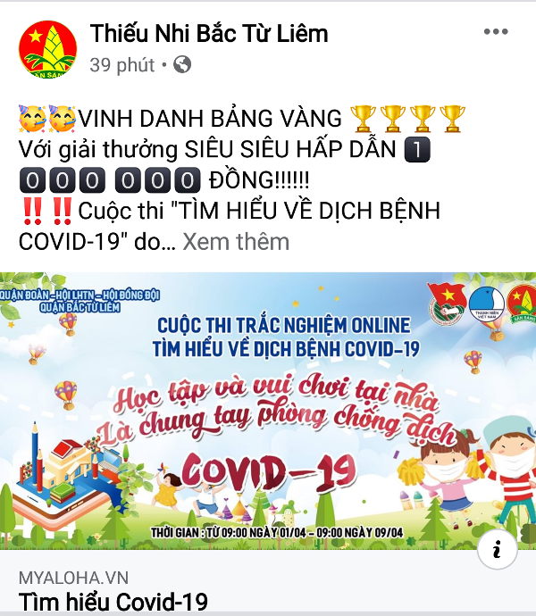 Thanh thiếu nhi quận Bắc Từ Liêm chia sẻ thông tin cuộc thi trực tuyến “Tìm hiểu về dịch bệnh Covid-19” trên fanpage “Thiếu nhi Bắc Từ Liêm”