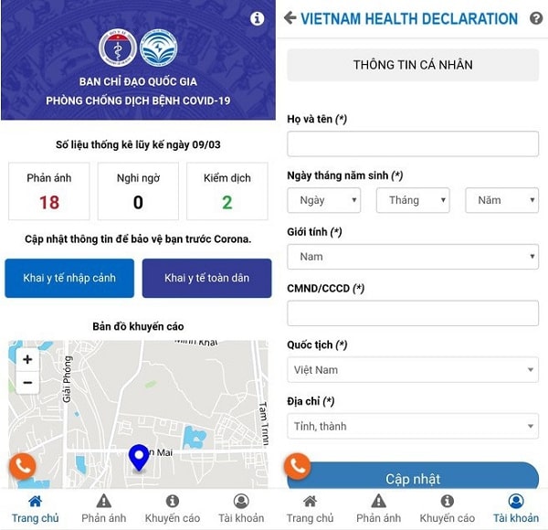 Giao diện ứng dụng Vietnam Health Declaration trên điện thoại