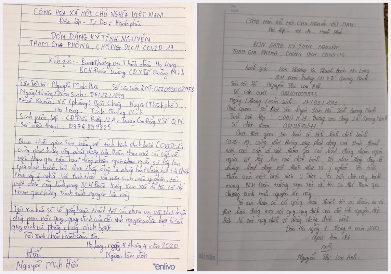 Những lá đơn tình nguyện tham gia phòng, chống dịch của sinh viên trường Cao đẳng Y tế Quảng Ninh