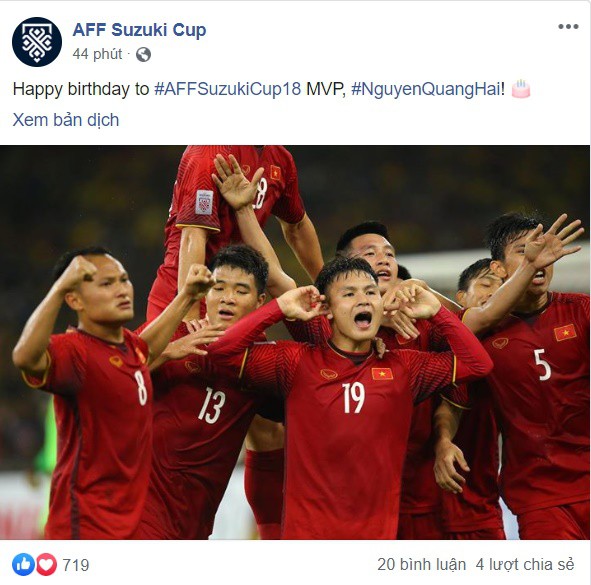 Trang mạng xã hội chính thức của AFF Cup gửi lời chúc mừng sinh nhật Quang Hải.