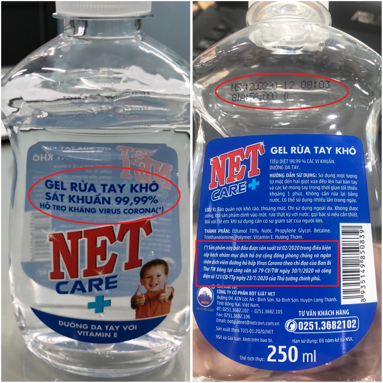Rất nhiều sản phẩm gel rửa tay khô diệt khuẩn NET Care+ được sản xuất trước cả thời điểm công bố đủ điều kiện sản xuất chế phẩm và trước khi có phiếu phân tích, phiếu thử nghiệm