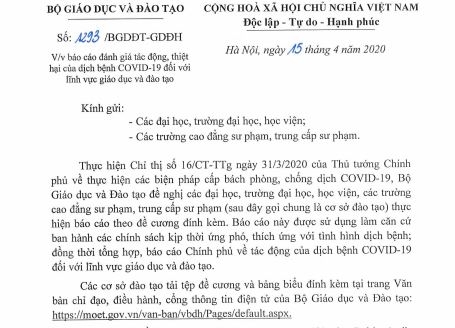 Công văn của Bộ GD&amp;ĐT gửi các trường đại học, học viện yêu cầu báo cáo tác động của dịch bệnh Covid-19
