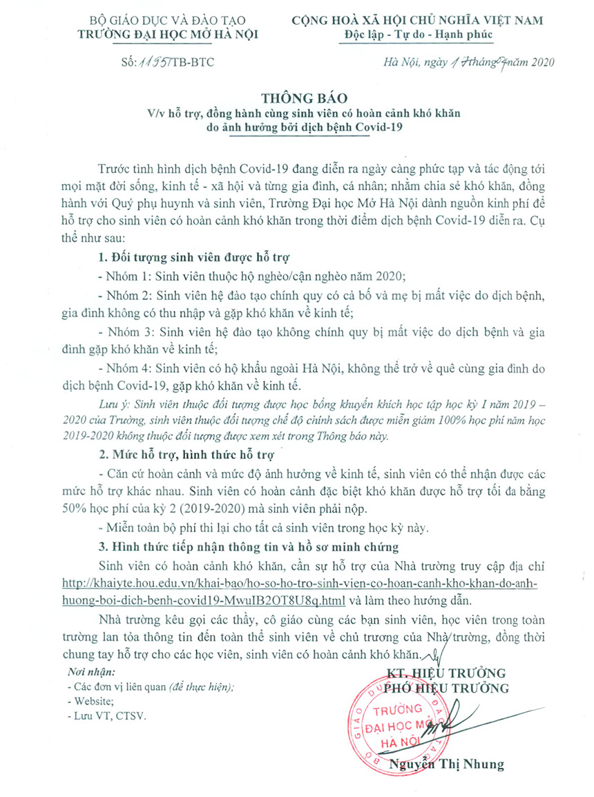 Thông báo hỗ trợ sinh viên khó khăn vì dịch Covid-19 của trường Đại học Mở Hà Nội