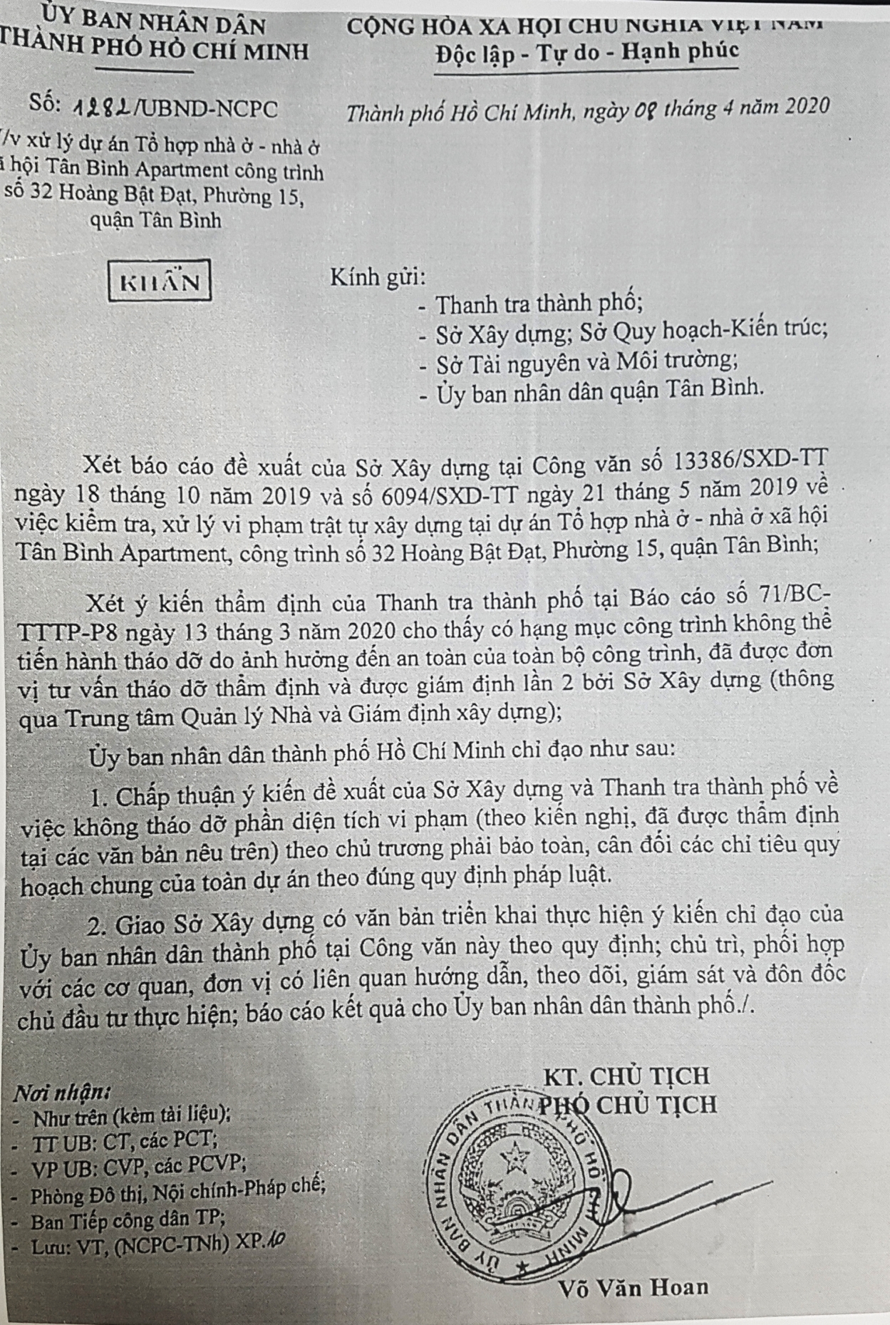 Văn bản của UBND Thành phố chấp thuận ý kiến đề xuất của Sở Xây dựng và Thanh tra thành phố về việc không tháo dỡ phần diện tích vi phạm vì ảnh hưởng chất lượng, an toàn công trình