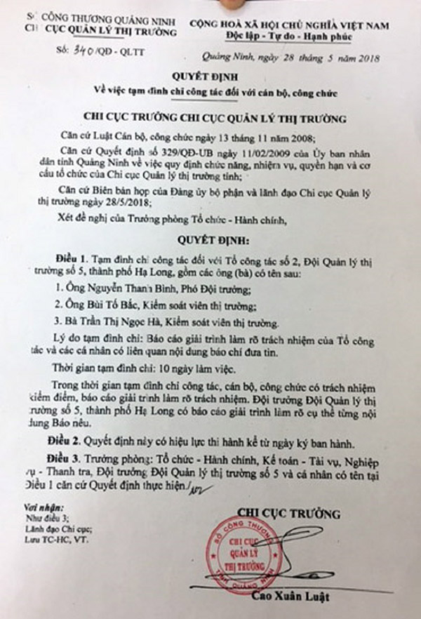 Đình chỉ 3 cán bộ thị trường dùng 