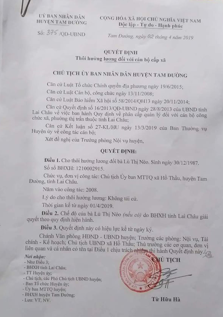 Quyết định cho thôi hưởng lương đối với bà Lù Thị Nèo do Chủ tịch UBND huyện Tam Đường Từ Hữu Hà ký