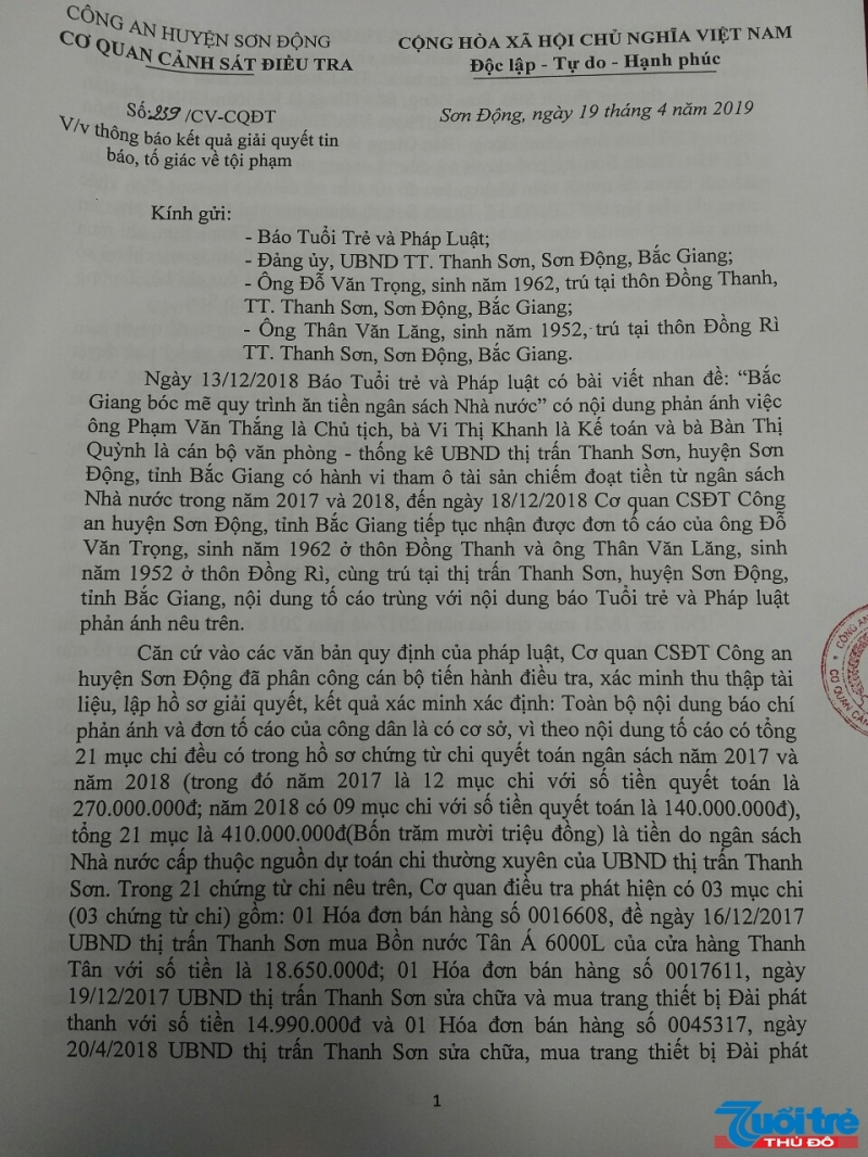 Công an huyện Sơn Động xác định toàn bộ nội dung báo phản ánh về sai phạm tại thị trấn Thanh Sơn là có cơ sở