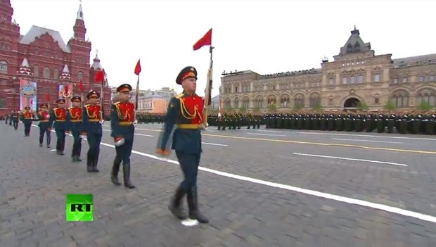 Lính tiêu binh sắp hàng theo lệnh của tướng Oleg Salyukov- Tư lệnh Lục quân Nga chuẩn bị cho lễ diễu binh