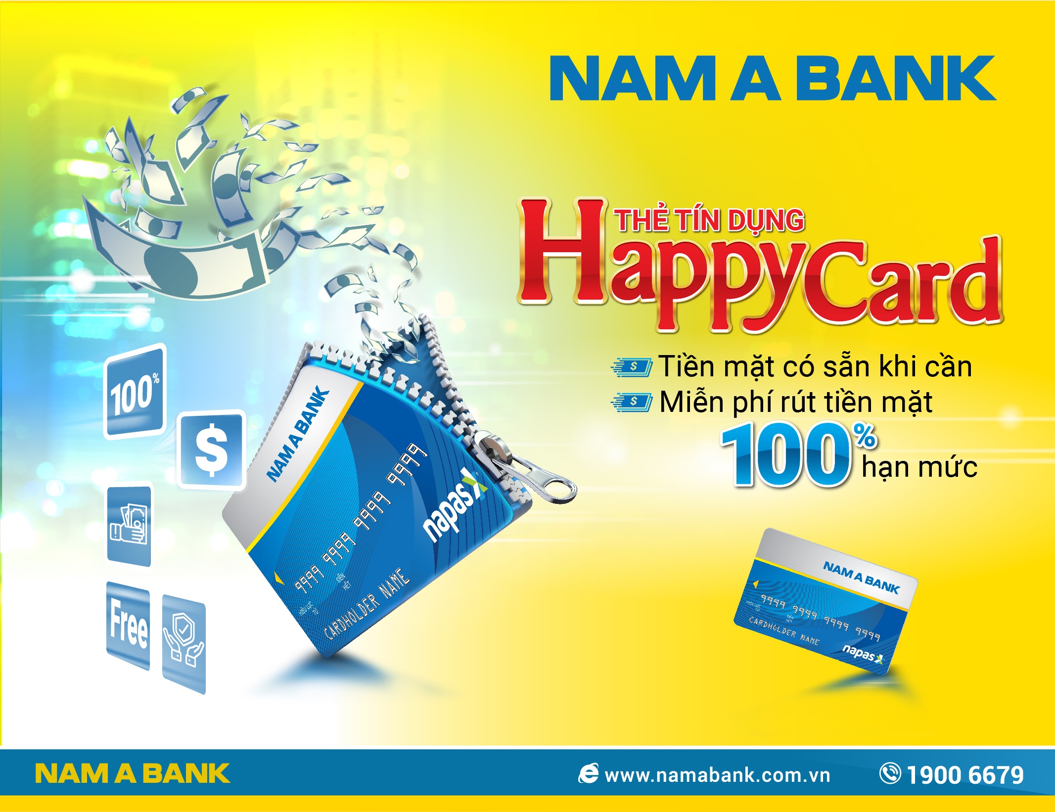 Thẻ tín dụng Nam A Bank Happy Card miễn phí rút tiền mặt lên đến 100% hạn mức