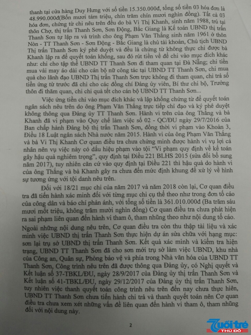 Công an huyện Sơn Động nói rằng không chứng minh được hành vi vụ lợi cá nhân và cho rằng hành vi của ông Thắng và bà Khanh chưa đến mức định khung để xử lý về hình sự