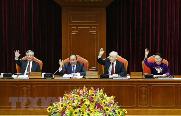 Tổng Bí thư, Chủ tịch nước Nguyễn Phú Trọng và các nhà lãnh đạo Đảng, Nhà nước tại hội nghị. Ảnh: Trí Dũng, TTXVN