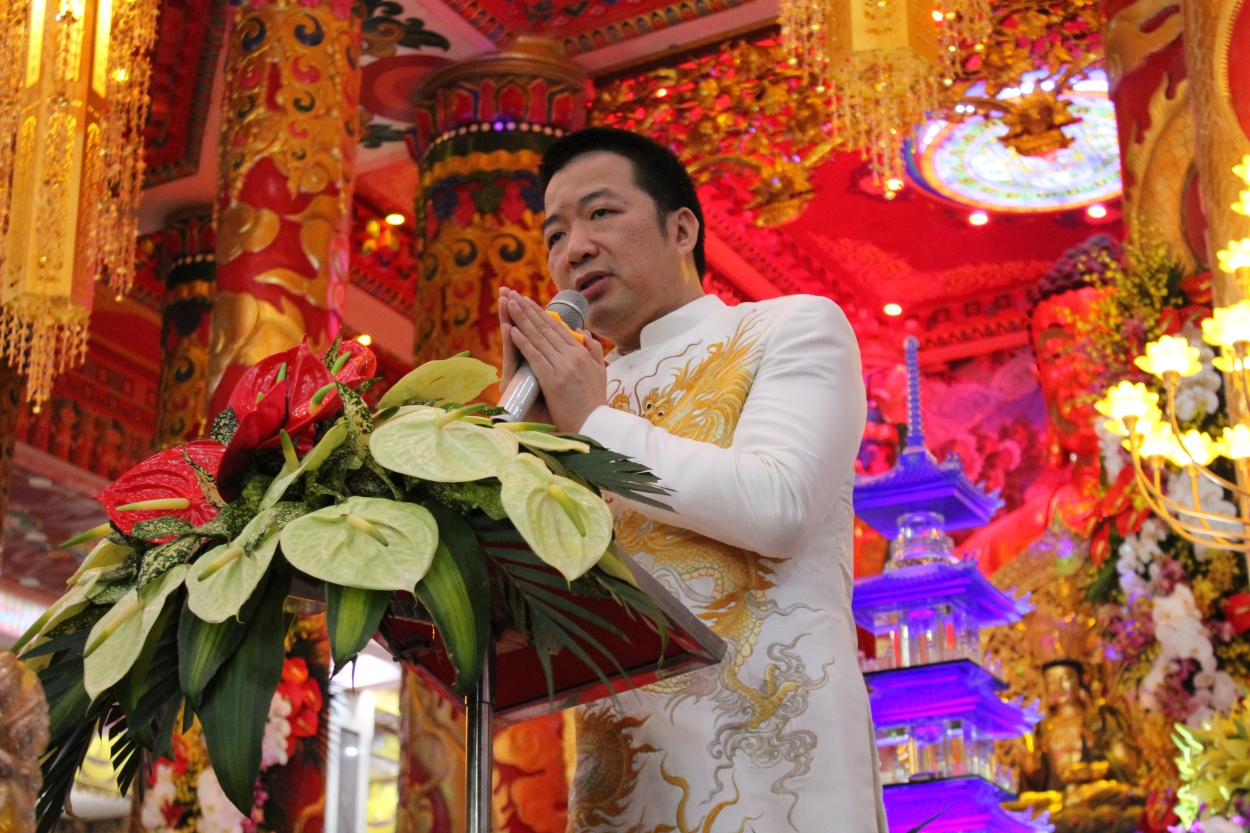 Ông Mẫn Ngọc Anh, Chủ tịch Hội Doanh nhân trẻ tỉnh Bắc Ninh, Chủ tịch Tập đoàn HANAKA, nhà đầu tư xây dựng công trình chùa Thánh Quang phát biểu tại buổi lễ