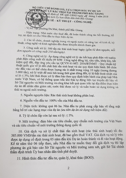 Bộ tiêu chí đánh giá, lựa chọn nhà đầu tư xử lý rác thải do tỉnh Bắc Giang công bố