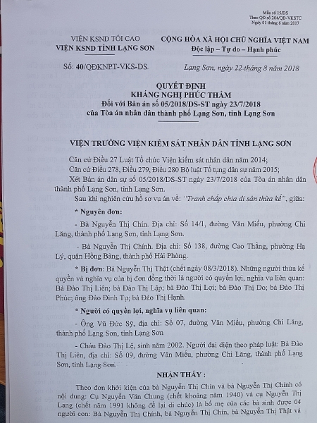 Viện KSND tỉnh Lạng Sơn đề nghị hủy án sơ thẩm nhưng tòa án tỉnh Lạng Sơn cương quyết không nghe