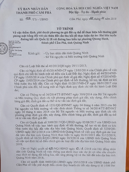 Văn bản xin ý kiến của UBND TP Cẩm Phả về mức giá đền bù đất tại phường Quang Hanh