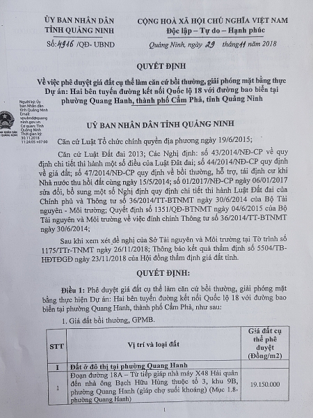 Bảng giá đền bù đất khi thu hồi đất tại phường Quang Hanh căn cứ theo đúng quy định của pháp luật