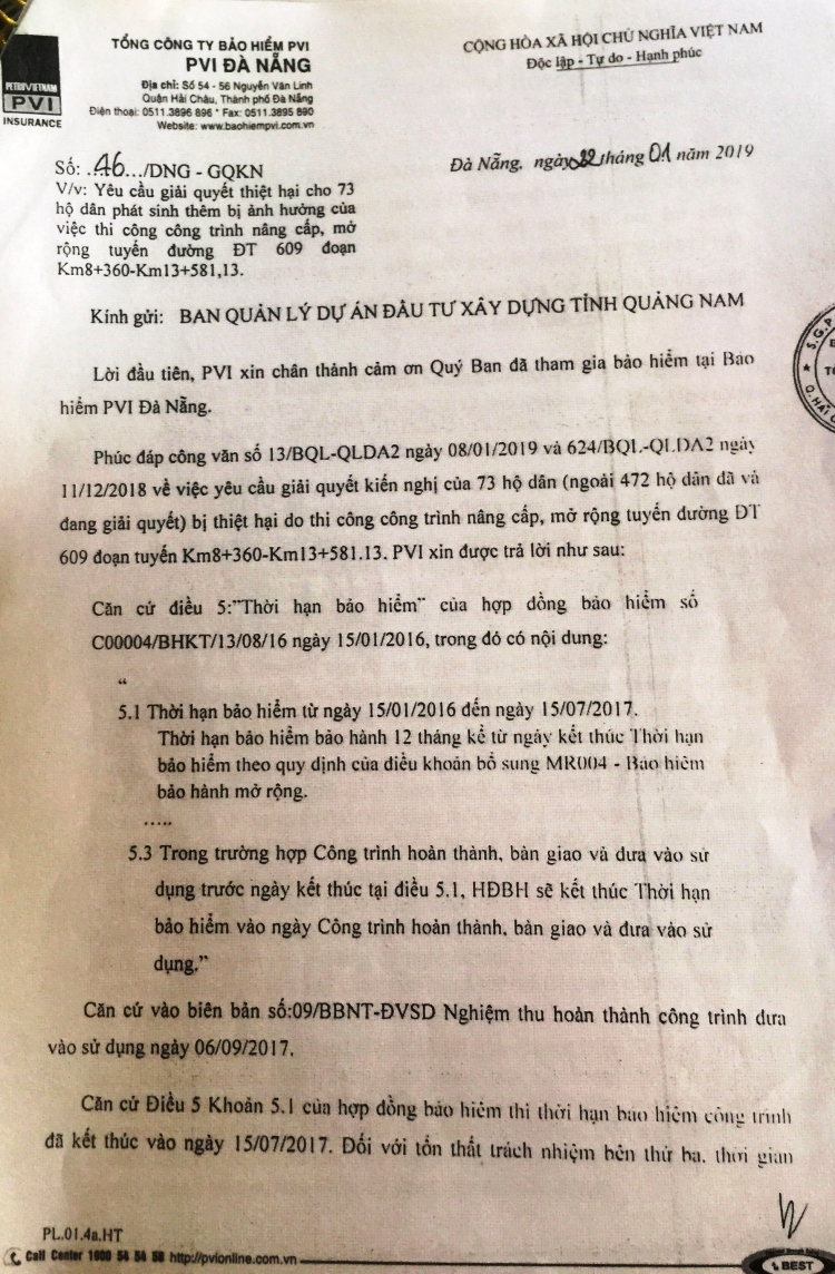 Công văn từ chối chi trả bồi thường đối với 73 hộ dân chủa Bảo hiểm PVI Đà Nẵng