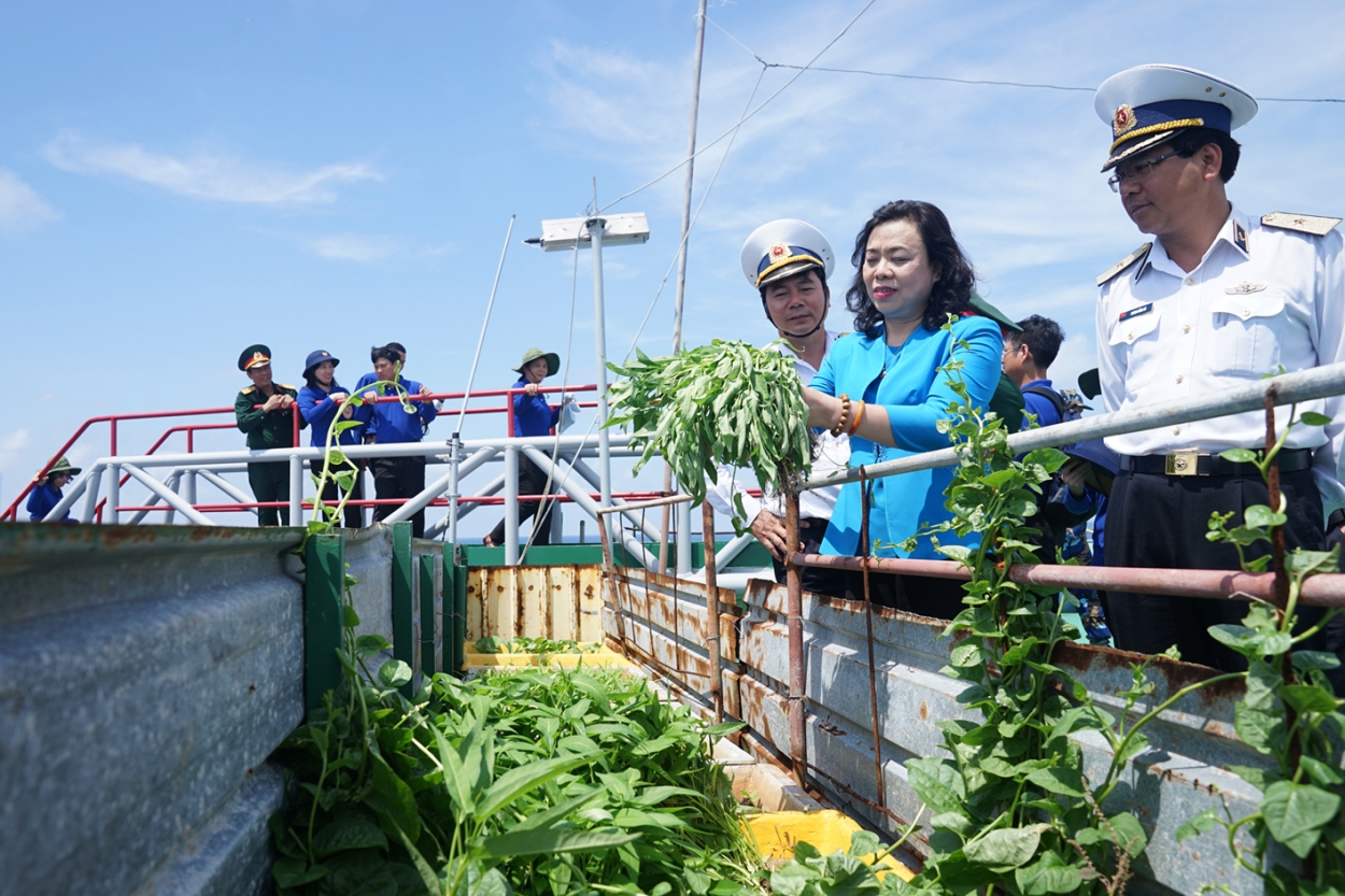 Ủy viên Trung ương Đảng, Phó Bí thư Thường trực Thành ủy Hà Nội Ngô Thị Thanh Hằng thăm khu vực tăng gia trên nhà giàn