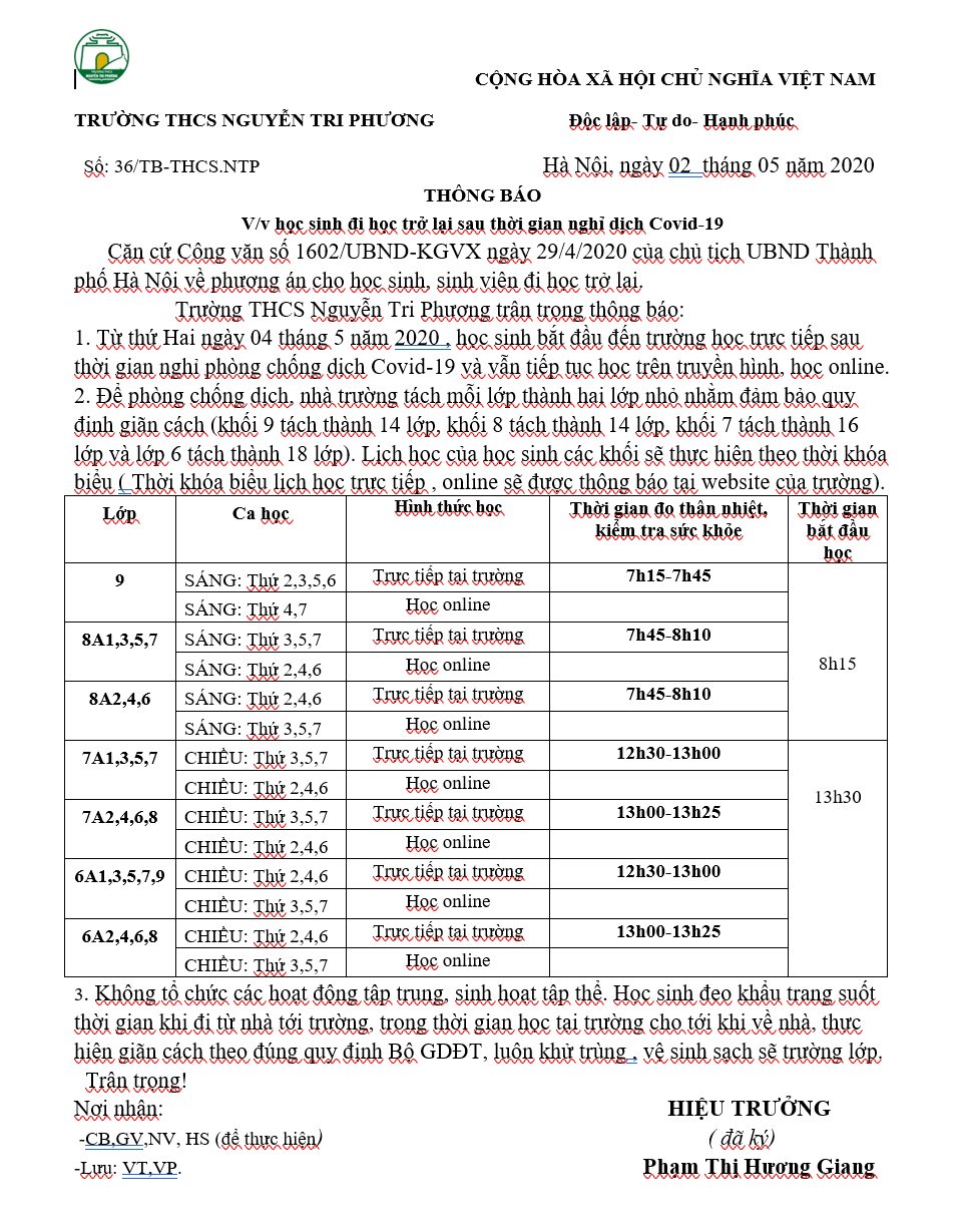 Nhà trường xây dựng lịch học chi tiết giữa các khối lớp đảm bảo quy định giãn cách học sinh