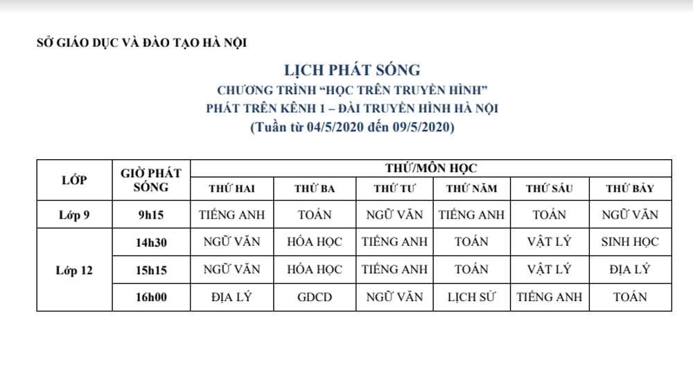 Chi tiết lịch dạy học trên truyền hình của học sinh Hà Nội sau nghỉ lễ