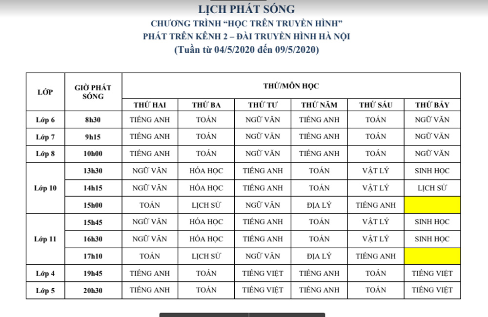 Chi tiết lịch dạy học trên truyền hình của học sinh Hà Nội sau nghỉ lễ