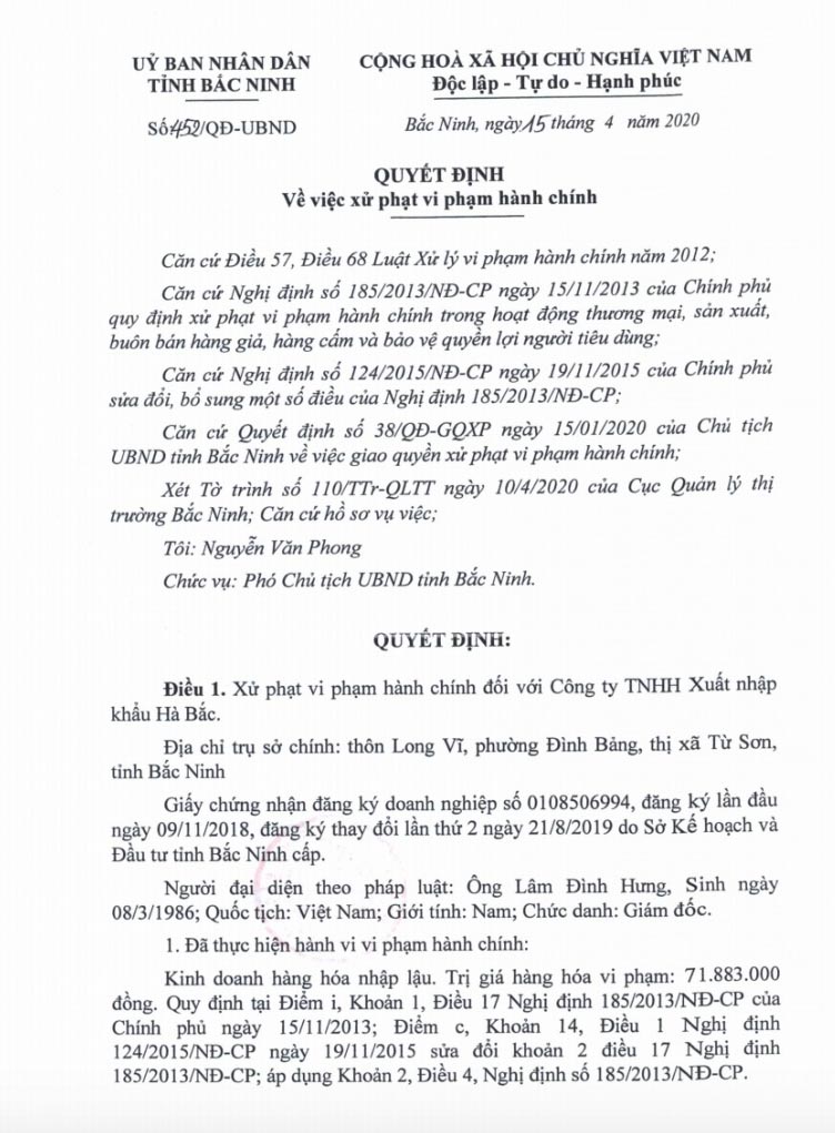 Doanh nghiệp kinh doanh hàng lậu bị UBND tỉnh Bắc Ninh xử phạt thích đáng