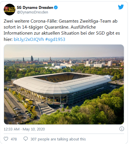 Thông báo của CLB Dynamo Dresden về trường hợp nhiễm Covid-19.